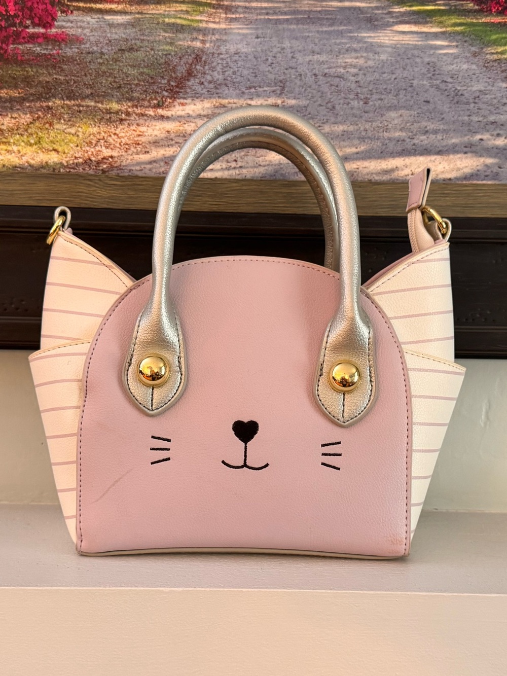 Luv Betsey Johnson Cat Satchel in Lavender & Cream with Metallic Silver Handles